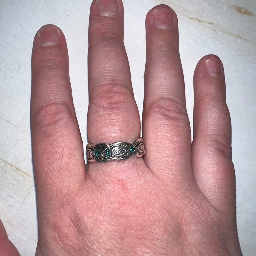 Silver-Tone Celtic Knot Ring with Green Accents